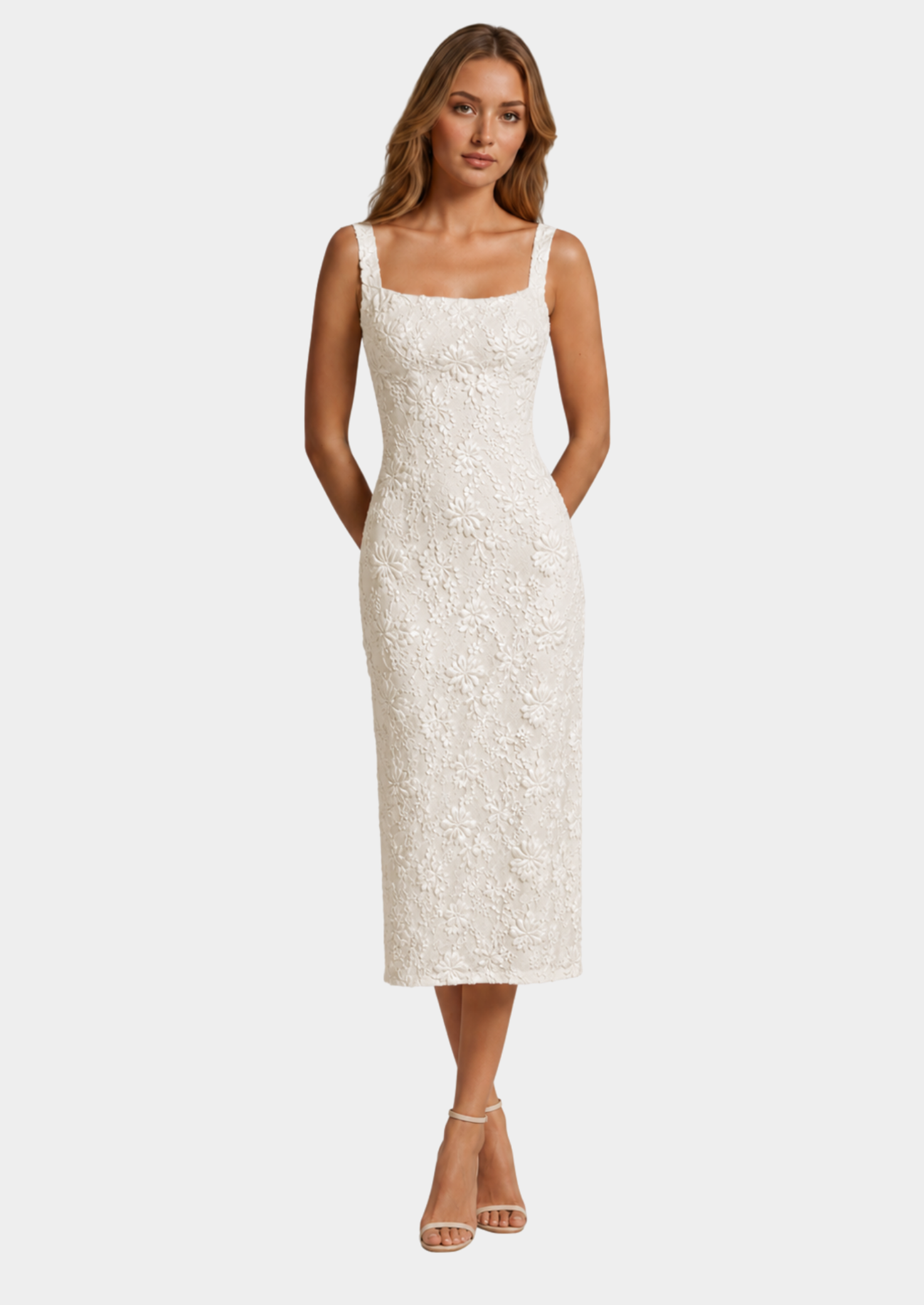 Women's Floral Lace Midi Dress Square Neckline Short Sleeve Casual