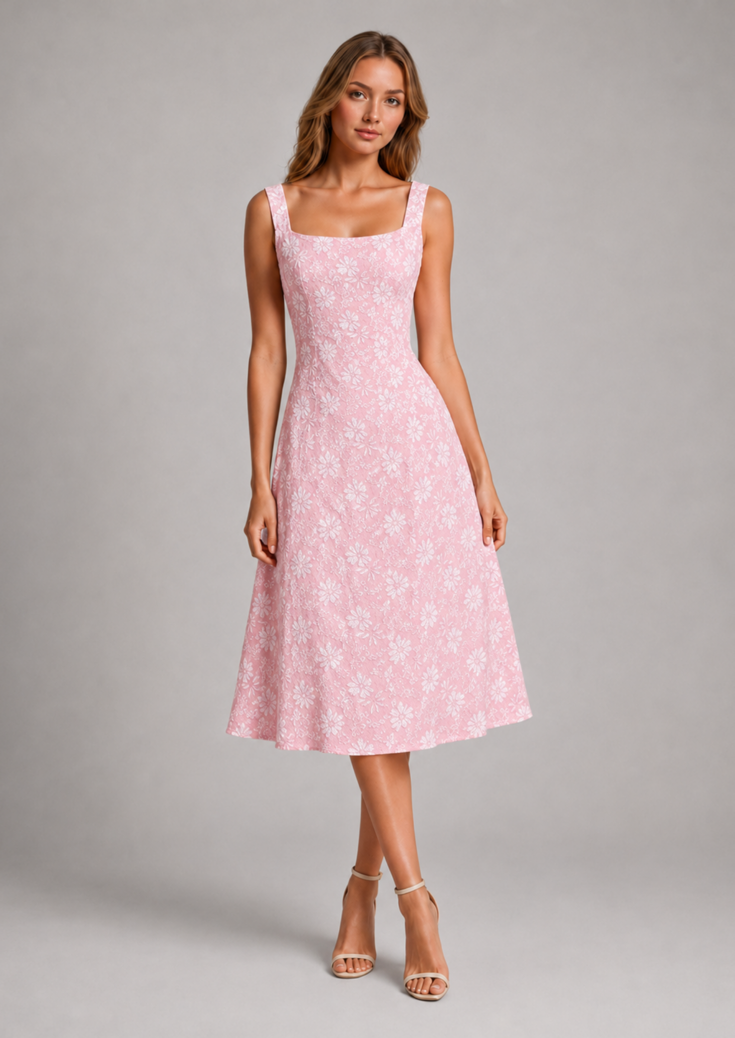 Women's Floral Lace Midi Dress Square Neckline Short Sleeve Casual