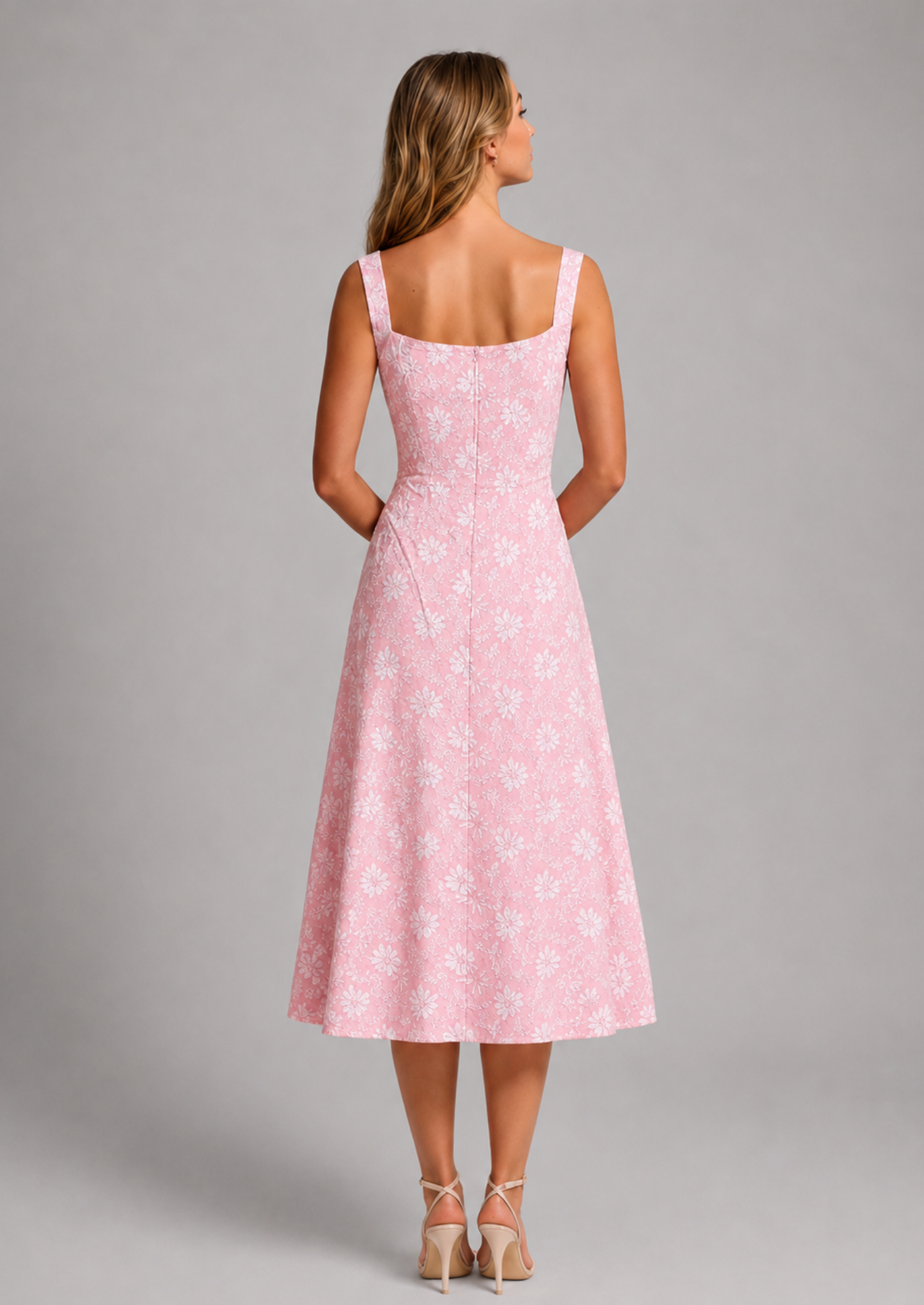 Women's Floral Lace Midi Dress Square Neckline Short Sleeve Casual