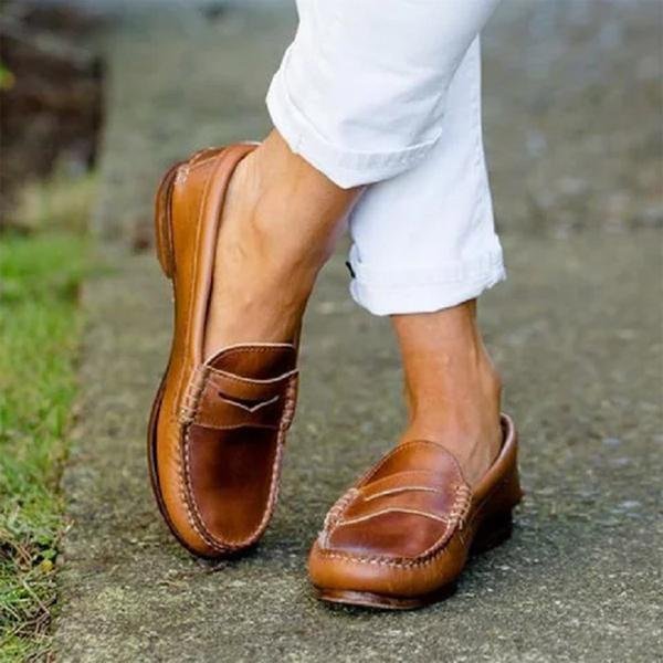 Women's Black Penny Loafers Leather Slip-On Orthopedic Support Comfortable Shoes