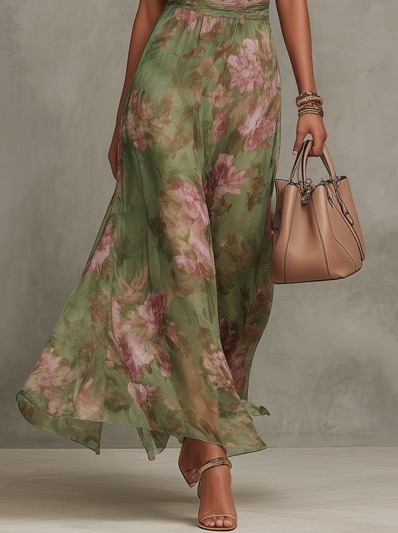 Women's Maxi Dress Green Floral Halter Neck Chiffon Summer Casual