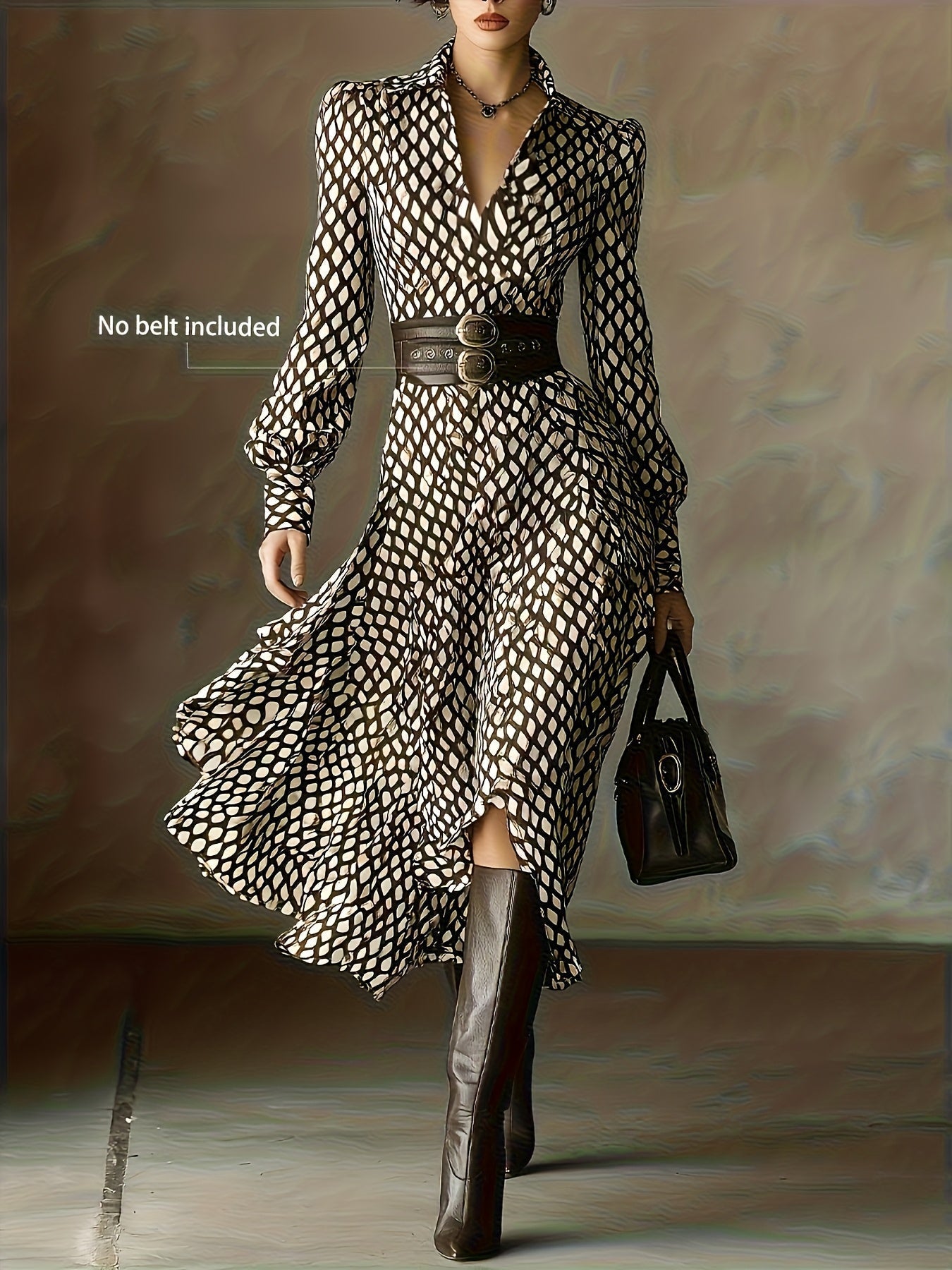 Women's Vintage Rhombus Print Maxi Dress Flowing Silhouette Elegant Casual