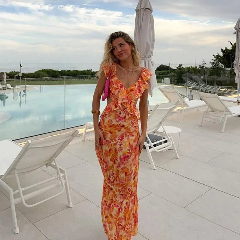 Women's Maxi Dress V Neck Floral Print Sleeveless Casual
