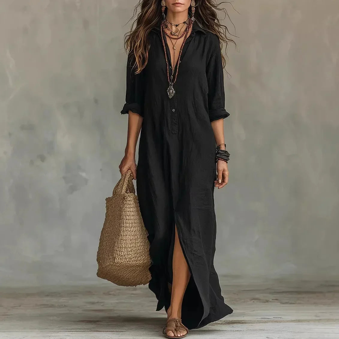 Women's Long Shirt Dress V-Neck Long Sleeve Casual