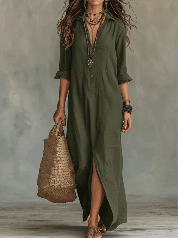 Women's Long Shirt Dress V-Neck Long Sleeve Casual