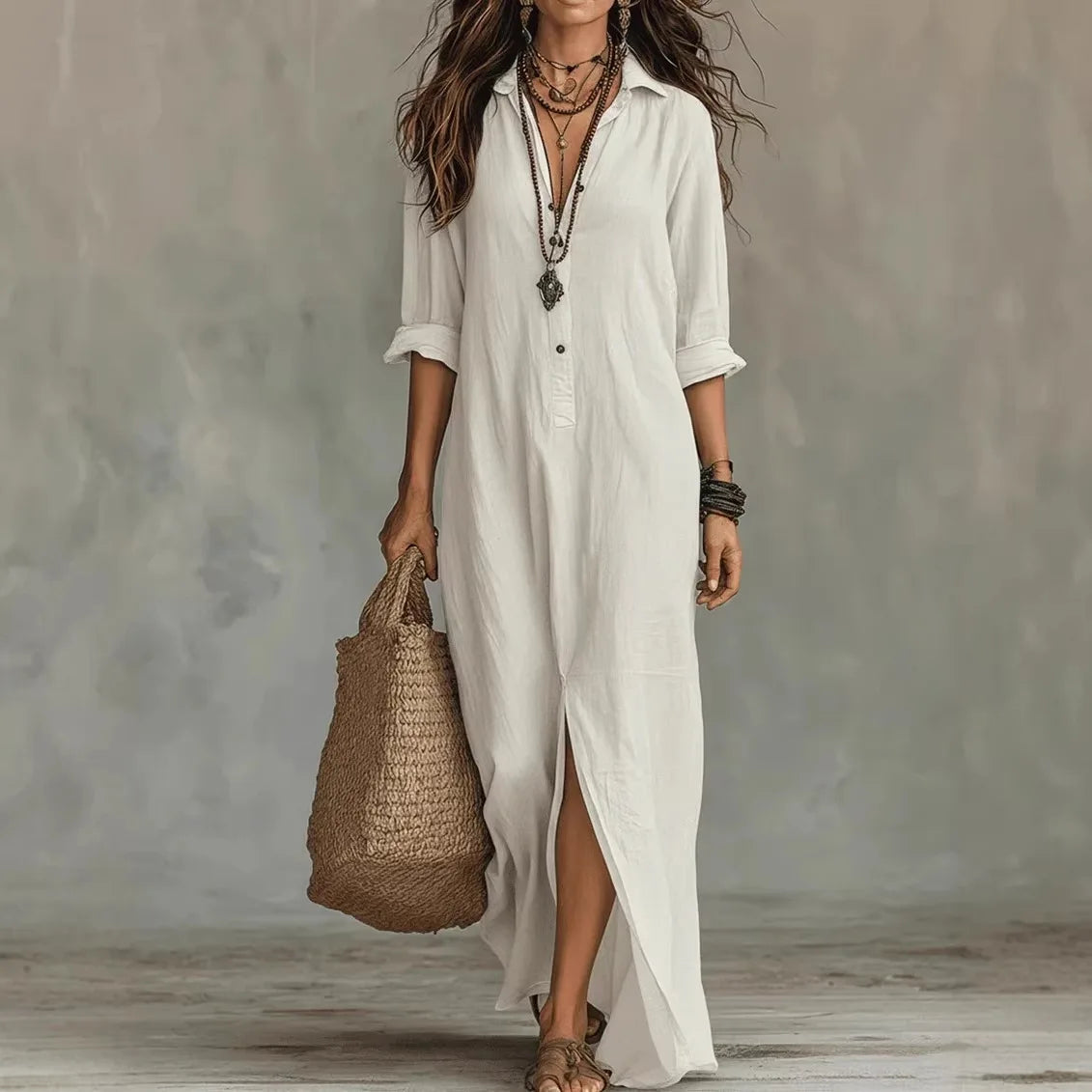 Women's Long Shirt Dress V-Neck Long Sleeve Casual