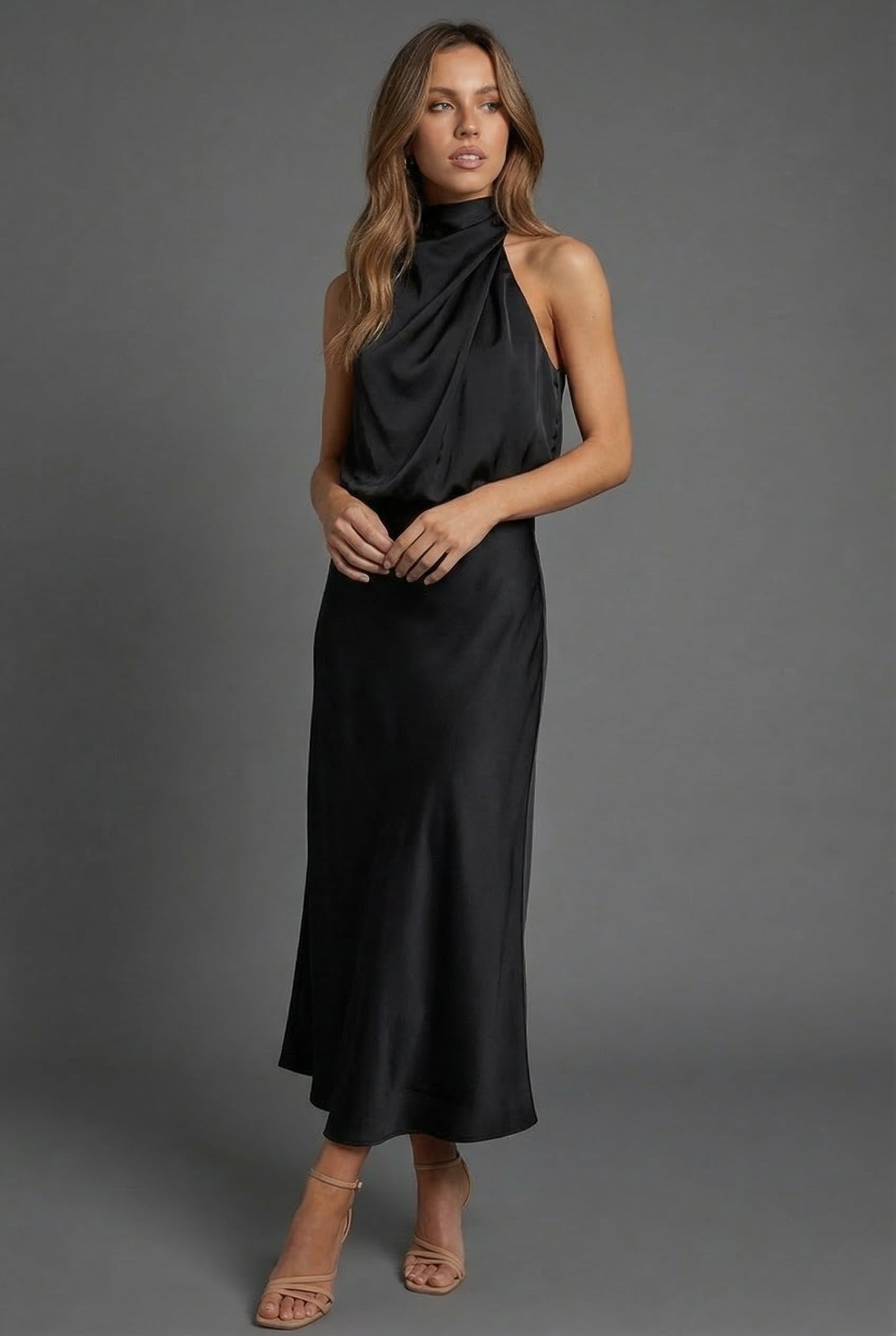 Women's Midi Dress Halterneck Satin Style Wedding Guest