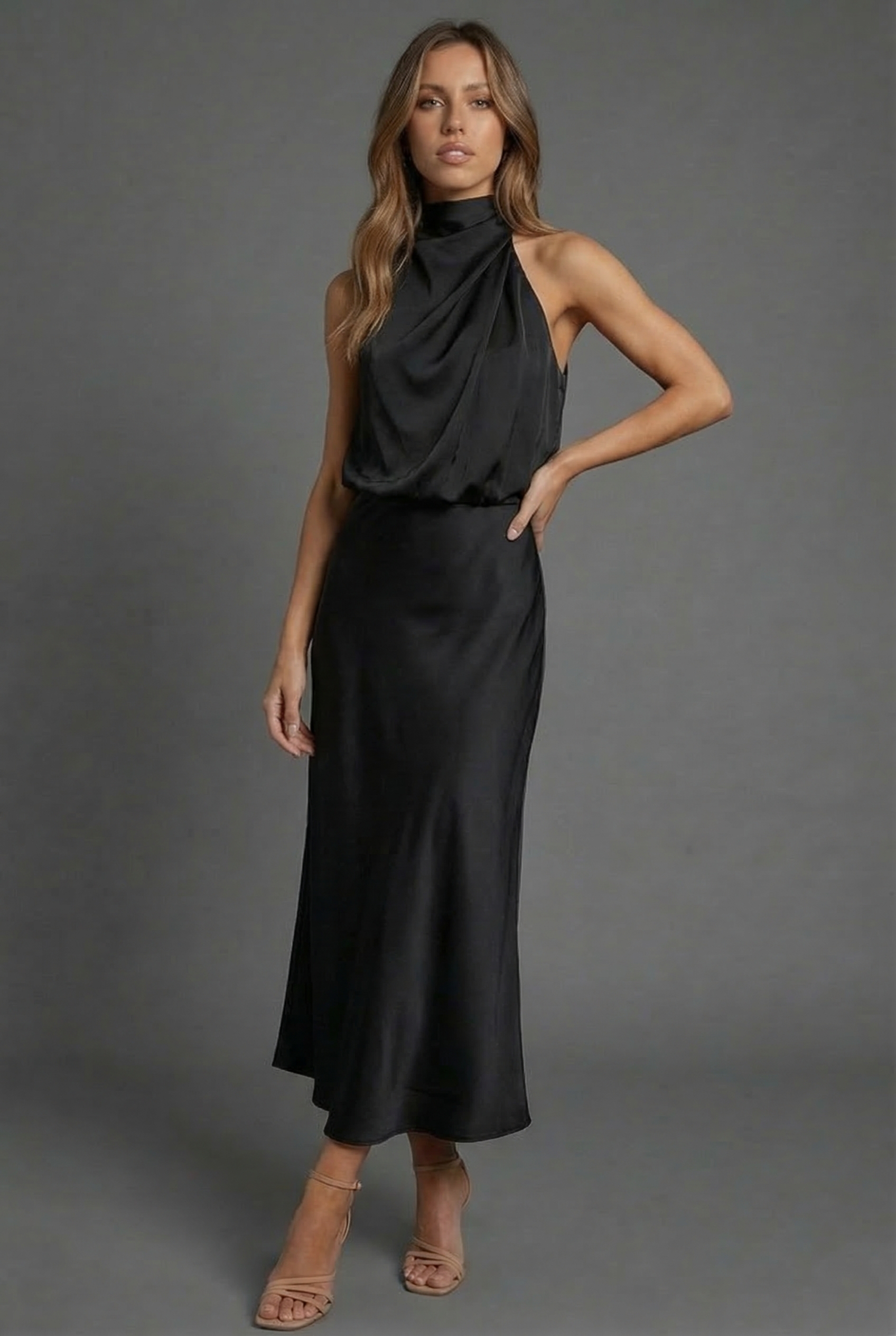 Women's Midi Dress Halterneck Satin Style Wedding Guest