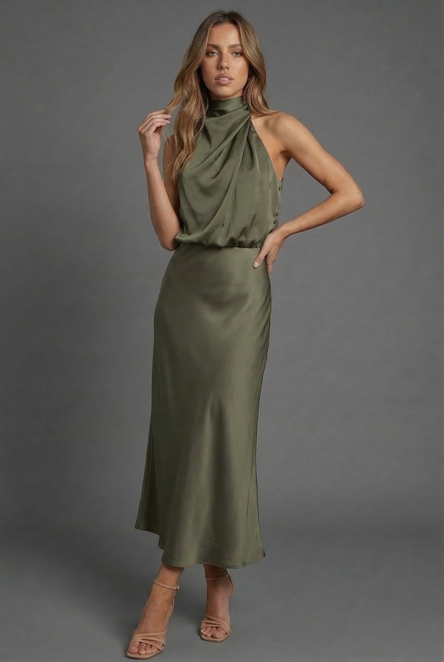 Women's Midi Dress Halterneck Satin Style Wedding Guest