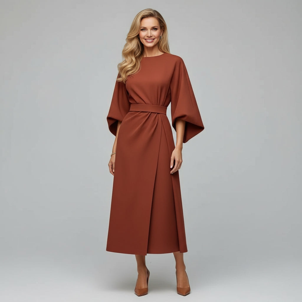 Belted Midi Dress Women – Wide Sleeve Flowing Midi Dress