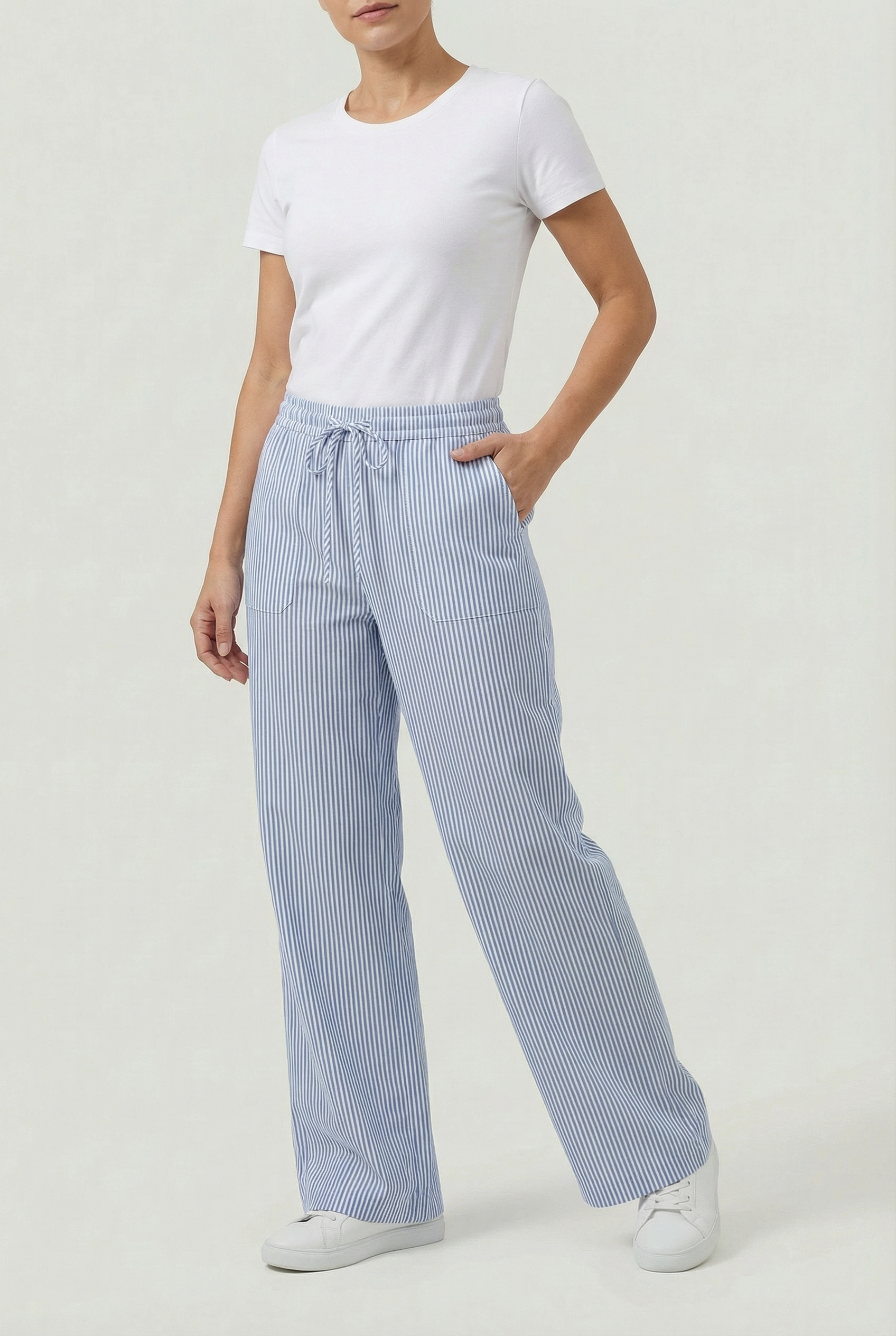 Women’s Drawstring Trousers Striped Polyester Blend Wide Leg