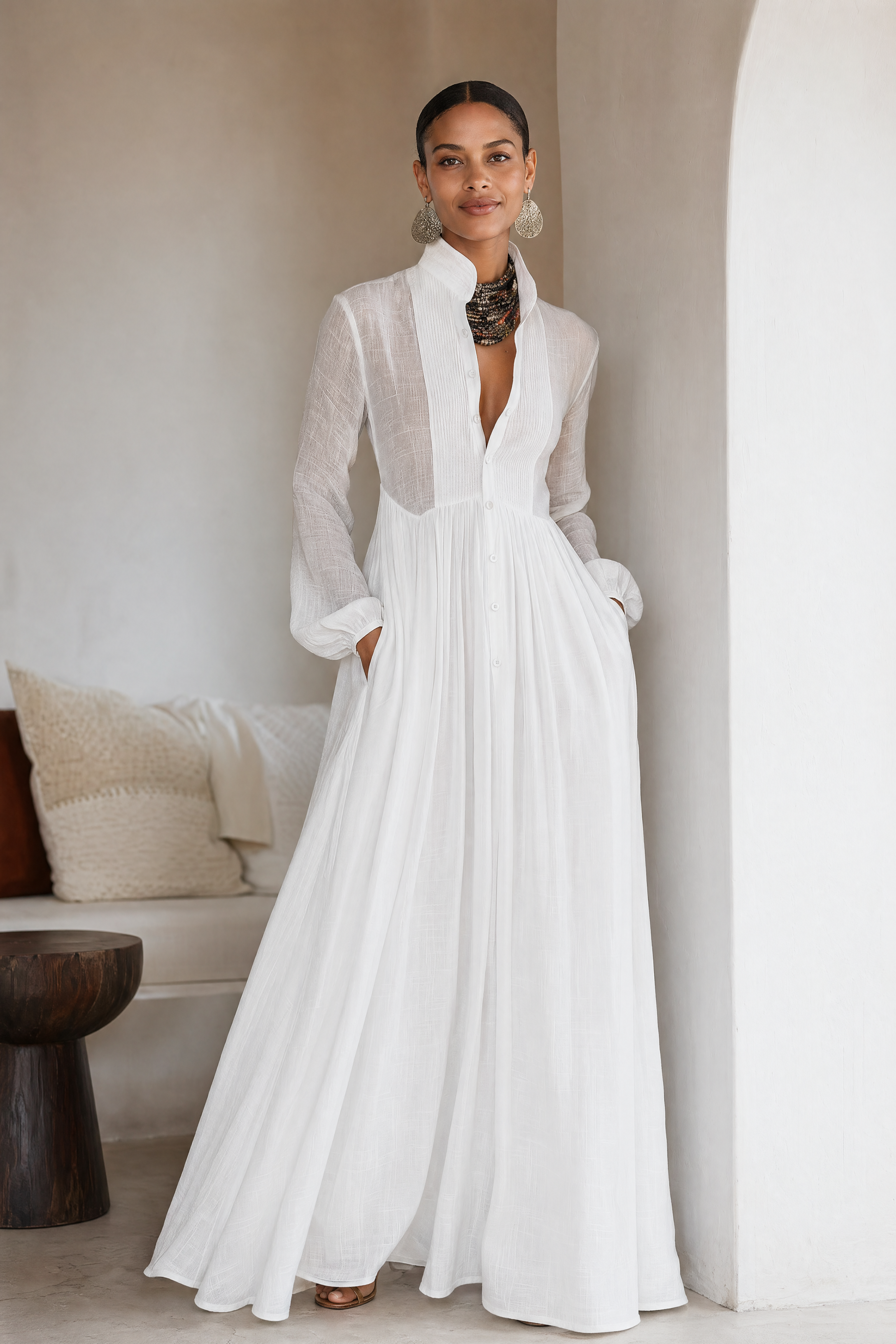 Women's Maxi Dress Cotton Linen Patchwork Stand-Up Collar Long Sleeve Casual Wear