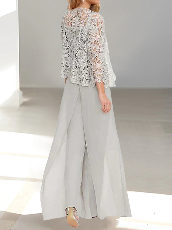 Women's Chiffon Mother of the Bride Pantsuit Square Neck Floor-Length Jacket