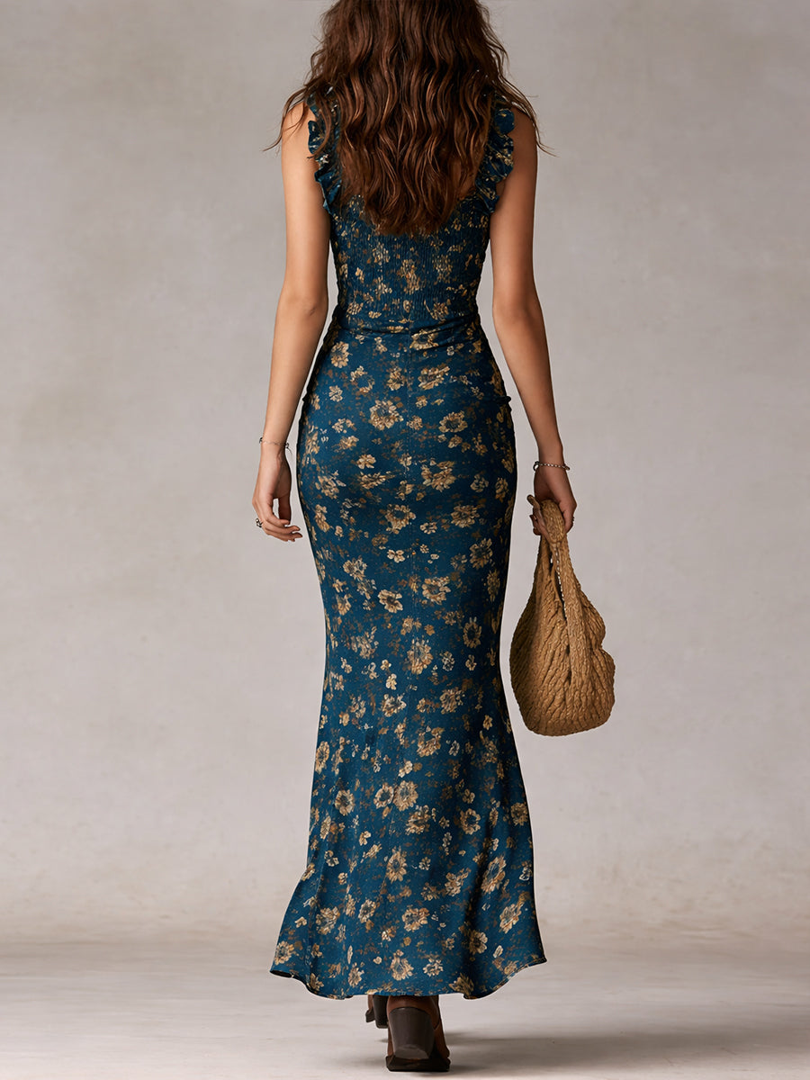 Women's Maxi Dress Floral Ruffle Strap Long Length