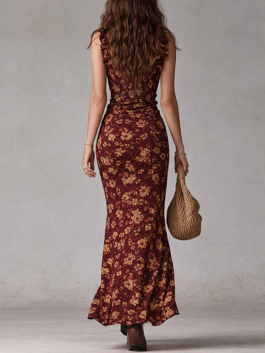 Women's Maxi Dress Floral Ruffle Strap Long Length