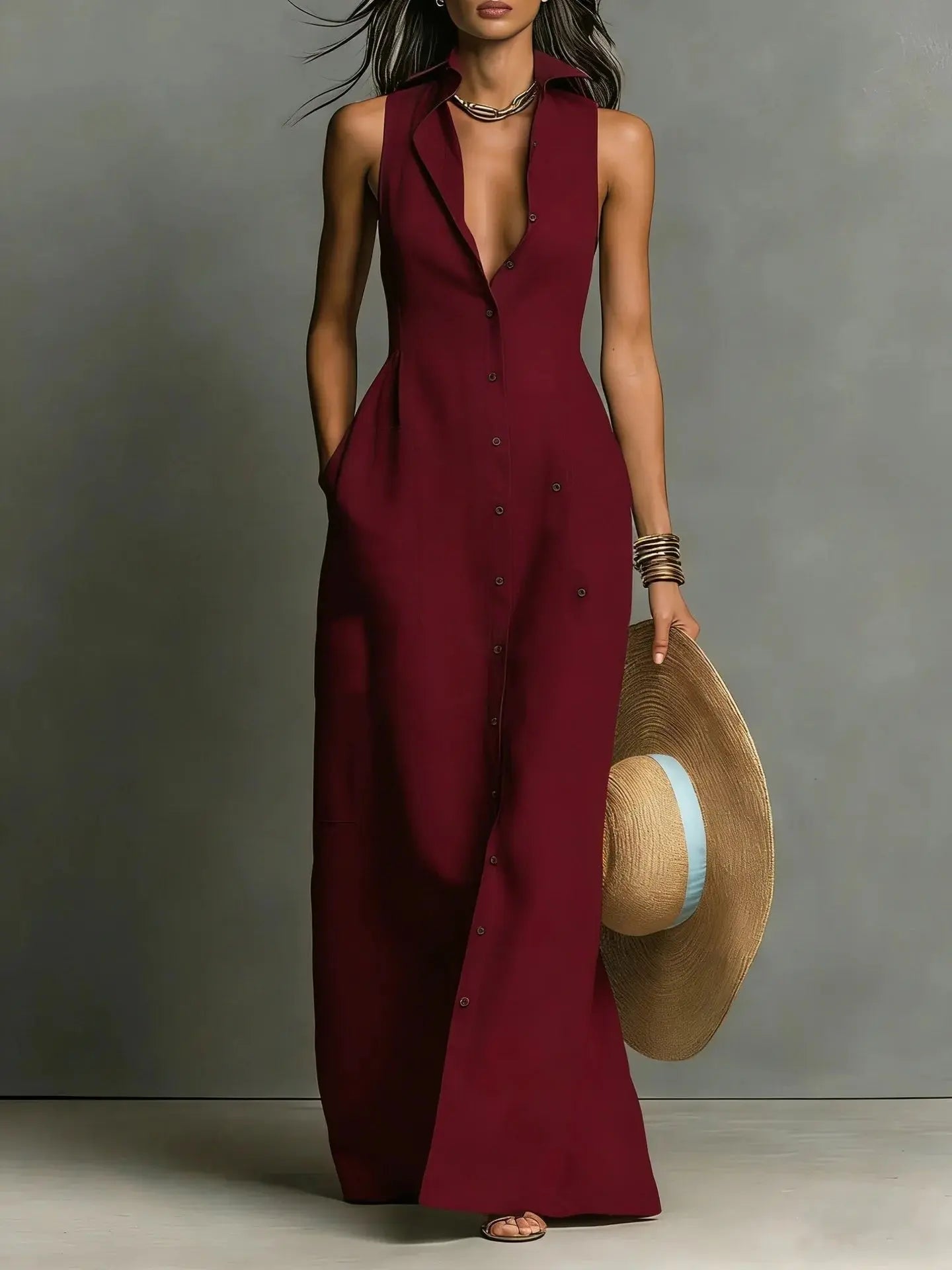Women's Maxi Shirt Dress Sleeveless Lapel Collar Button Front
