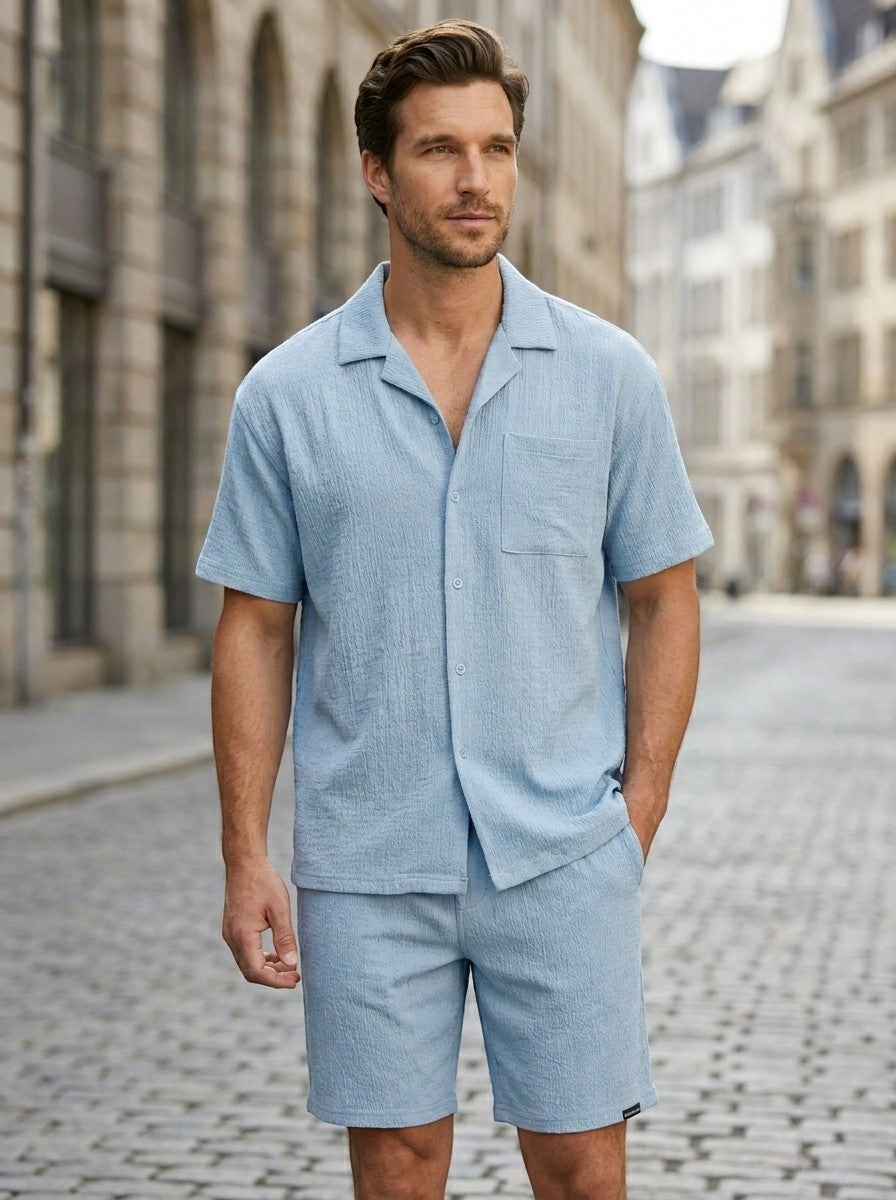 Men's Two-Piece Set Camp Collar Shirt & Elasticated Waist Shorts Casual Outfit