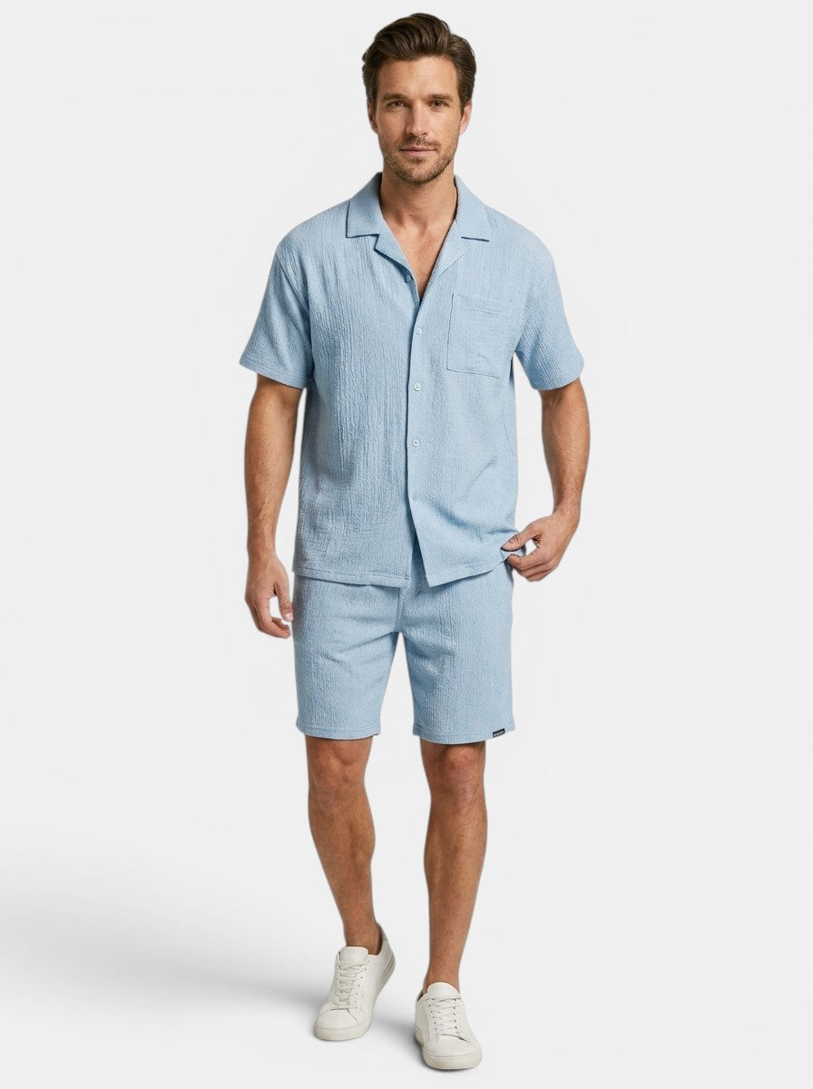 Men's Two-Piece Set Camp Collar Shirt & Elasticated Waist Shorts Casual Outfit