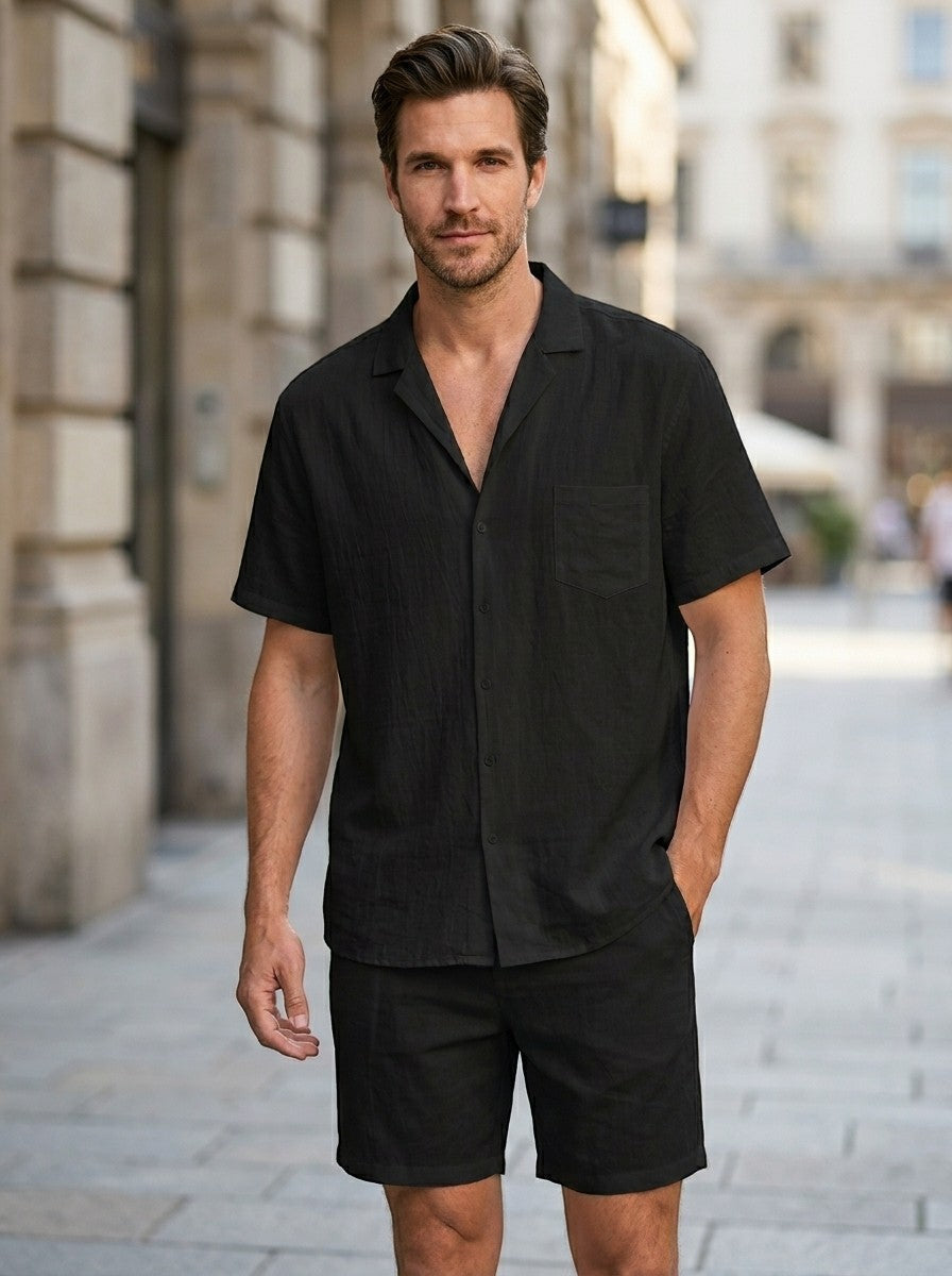 Men's Lightweight Woven Summer Set | Short Sleeve Shirt & Drawstring Shorts | Casual