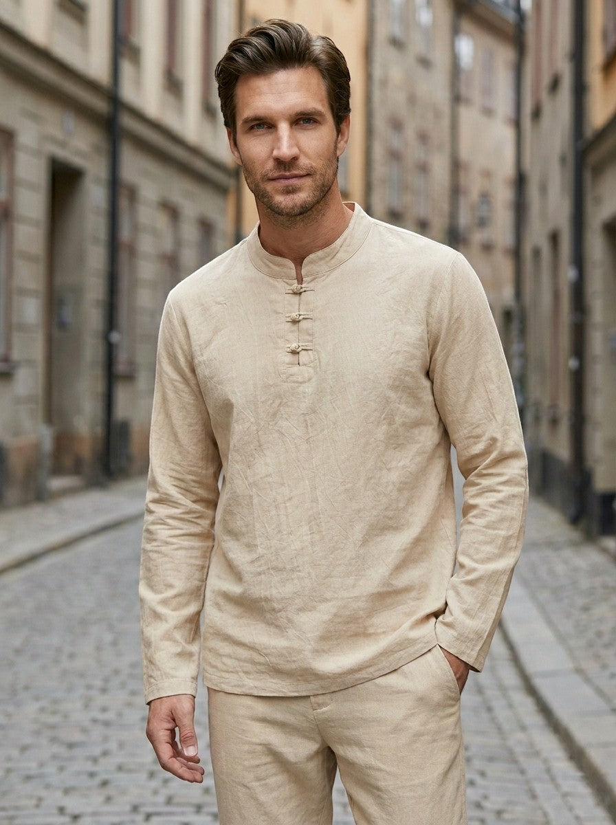 Men's Linen Blend Two-Piece Set | Relaxed Fit Long Sleeve Top, Drawstring Trousers
