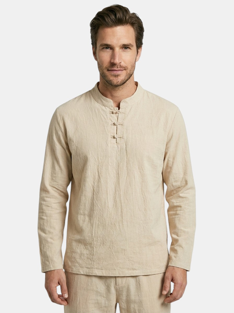 Men's Linen Blend Two-Piece Set | Relaxed Fit Long Sleeve Top, Drawstring Trousers