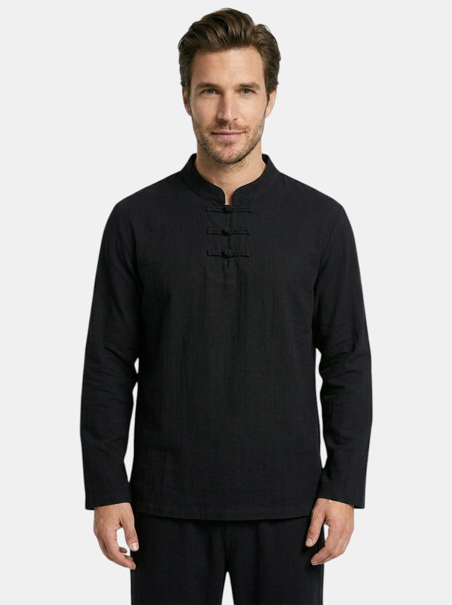 Men's Linen Blend Two-Piece Set | Relaxed Fit Long Sleeve Top, Drawstring Trousers