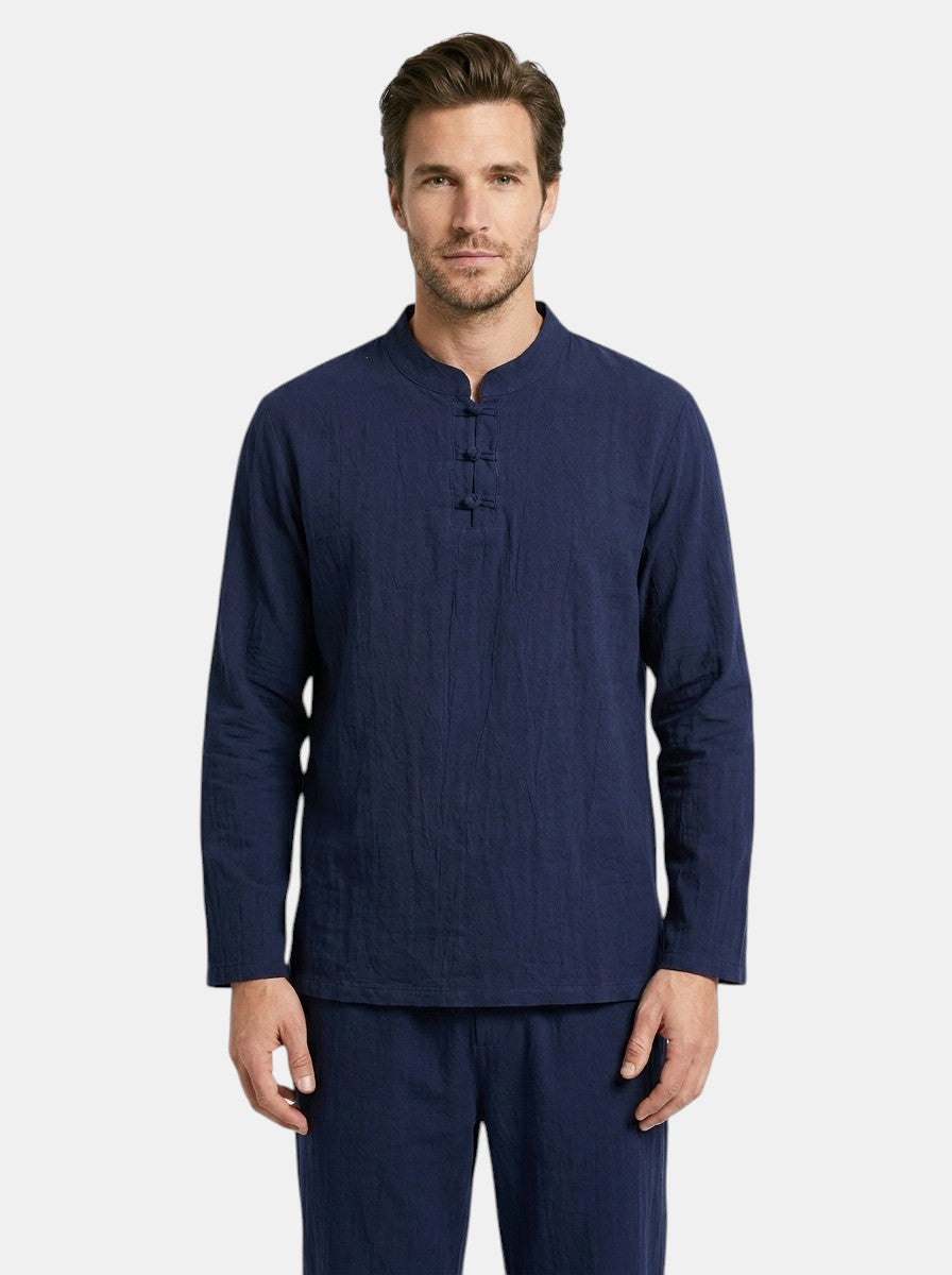 Men's Linen Blend Two-Piece Set | Relaxed Fit Long Sleeve Top, Drawstring Trousers