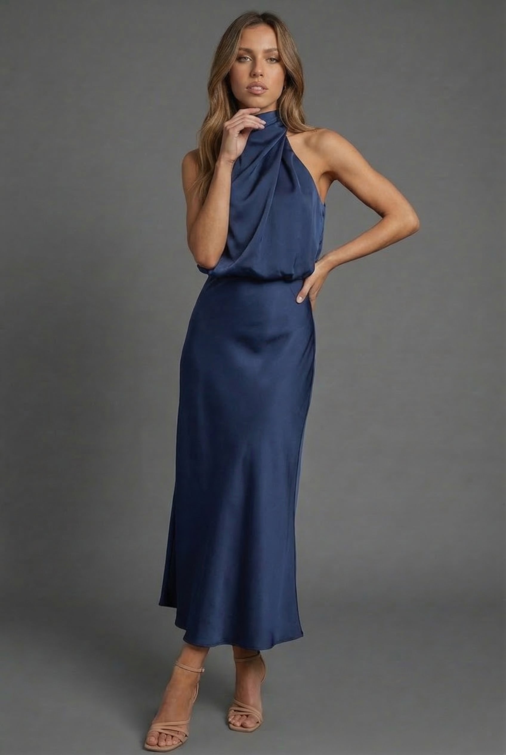 Women's Midi Dress Halterneck Satin Style Wedding Guest