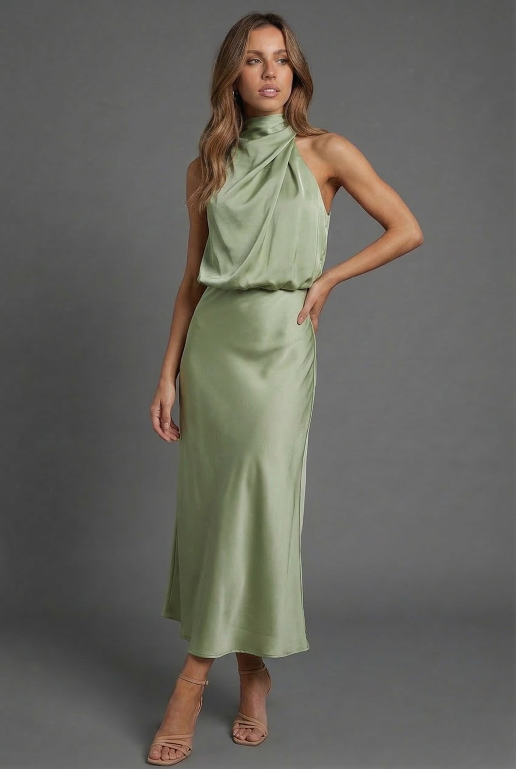 Women's Midi Dress Halterneck Satin Style Wedding Guest