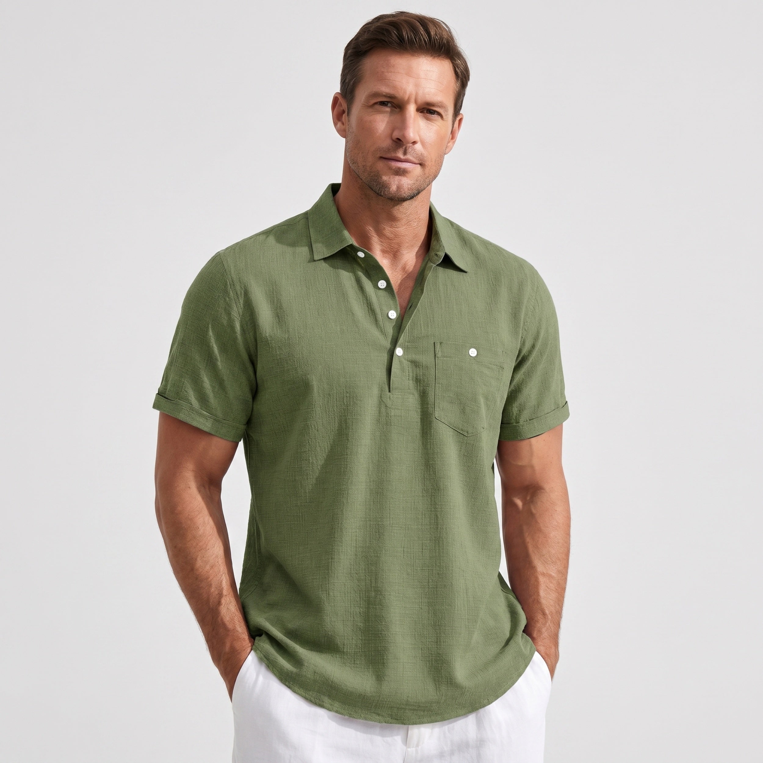 Men's Linen Polo Shirt Half-Button Style Casual Summer Wear