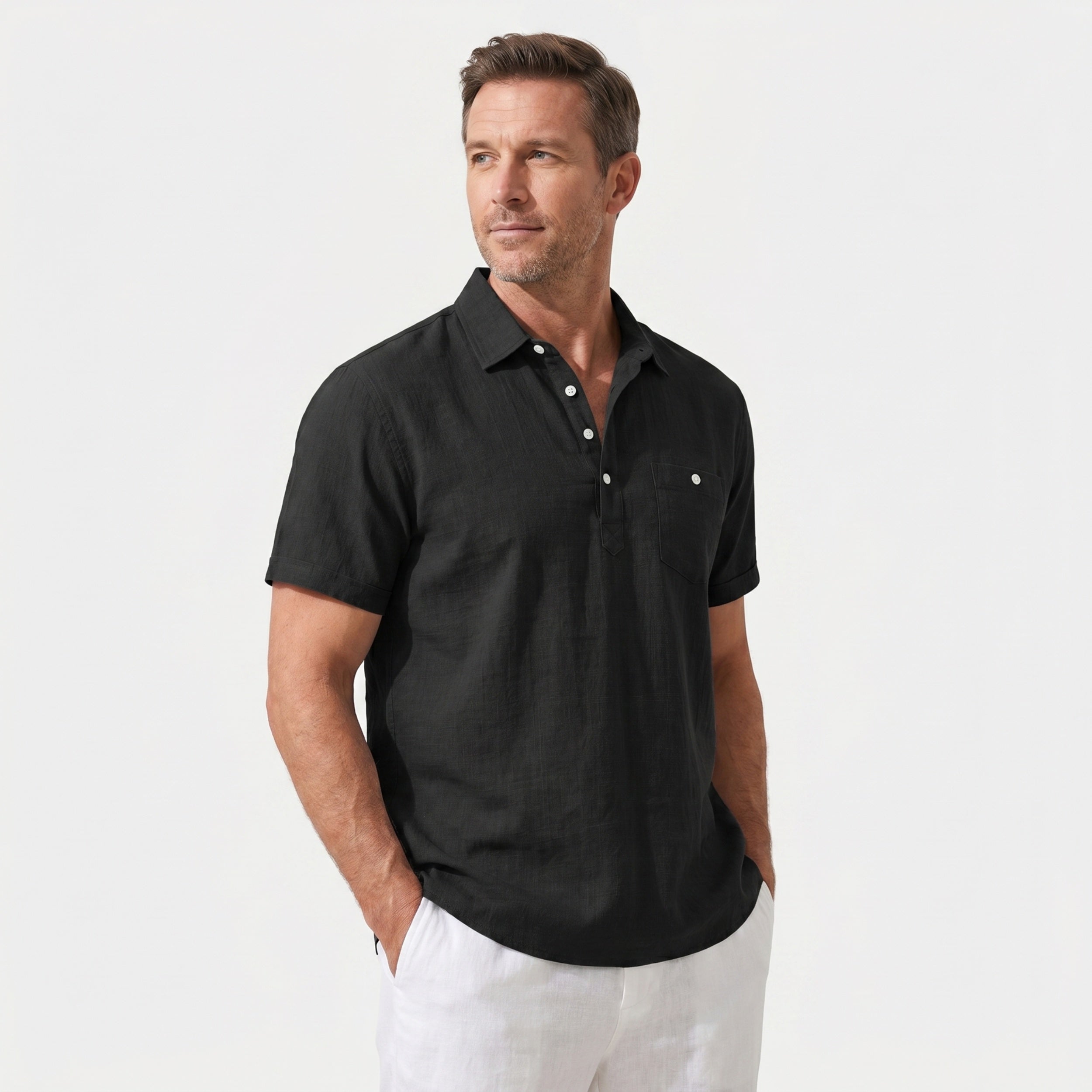 Men's Linen Polo Shirt Half-Button Style Casual Summer Wear