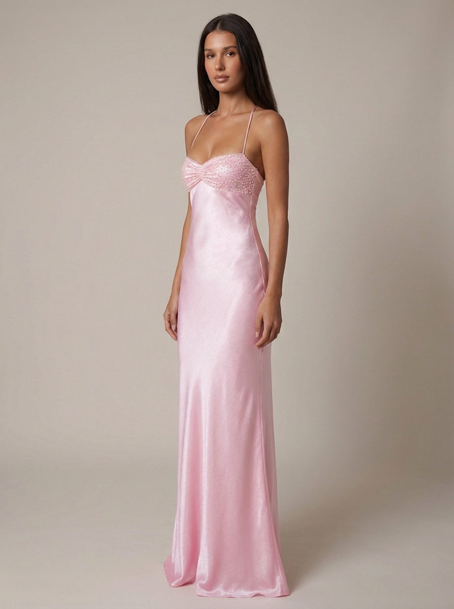 Women's Formal Beaded Halter Maxi Dress