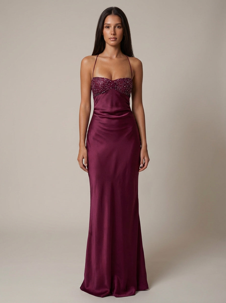 Women's Formal Beaded Halter Maxi Dress