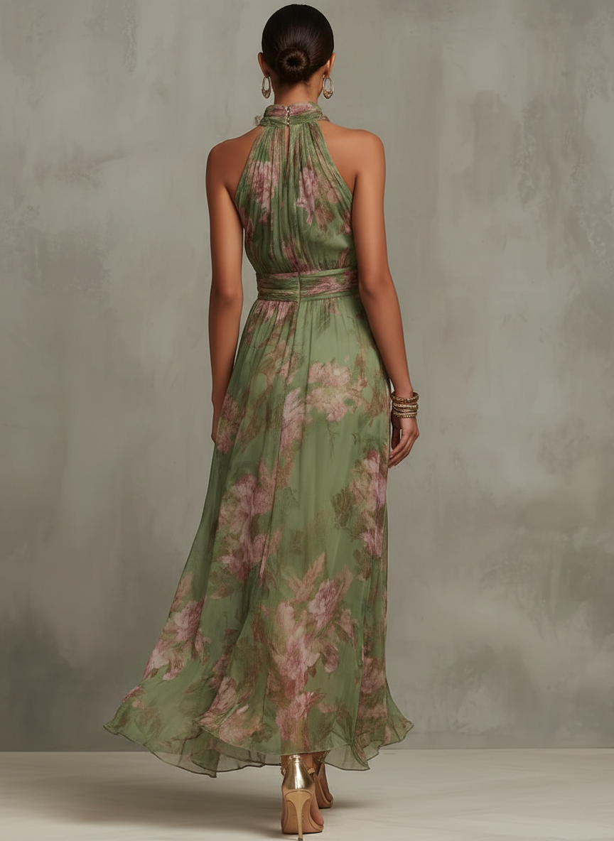 Chiffon Floral Maxi Dress - Halter Neck Wedding Guest Garden Party