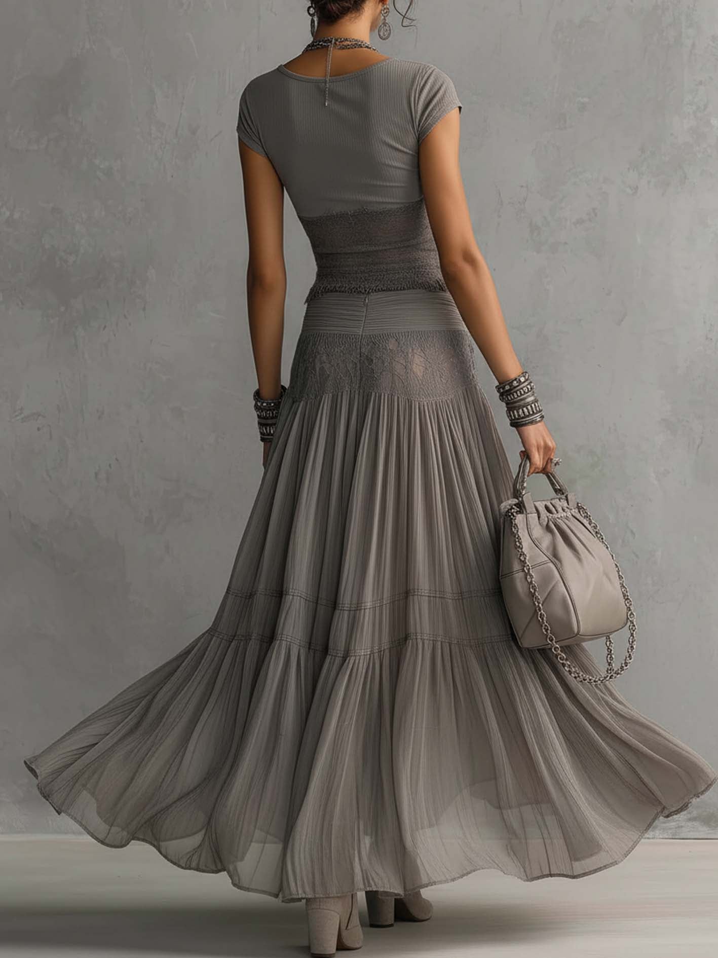 Women's Maxi Skirt Set Grey Lace Panel Top Pleated Design