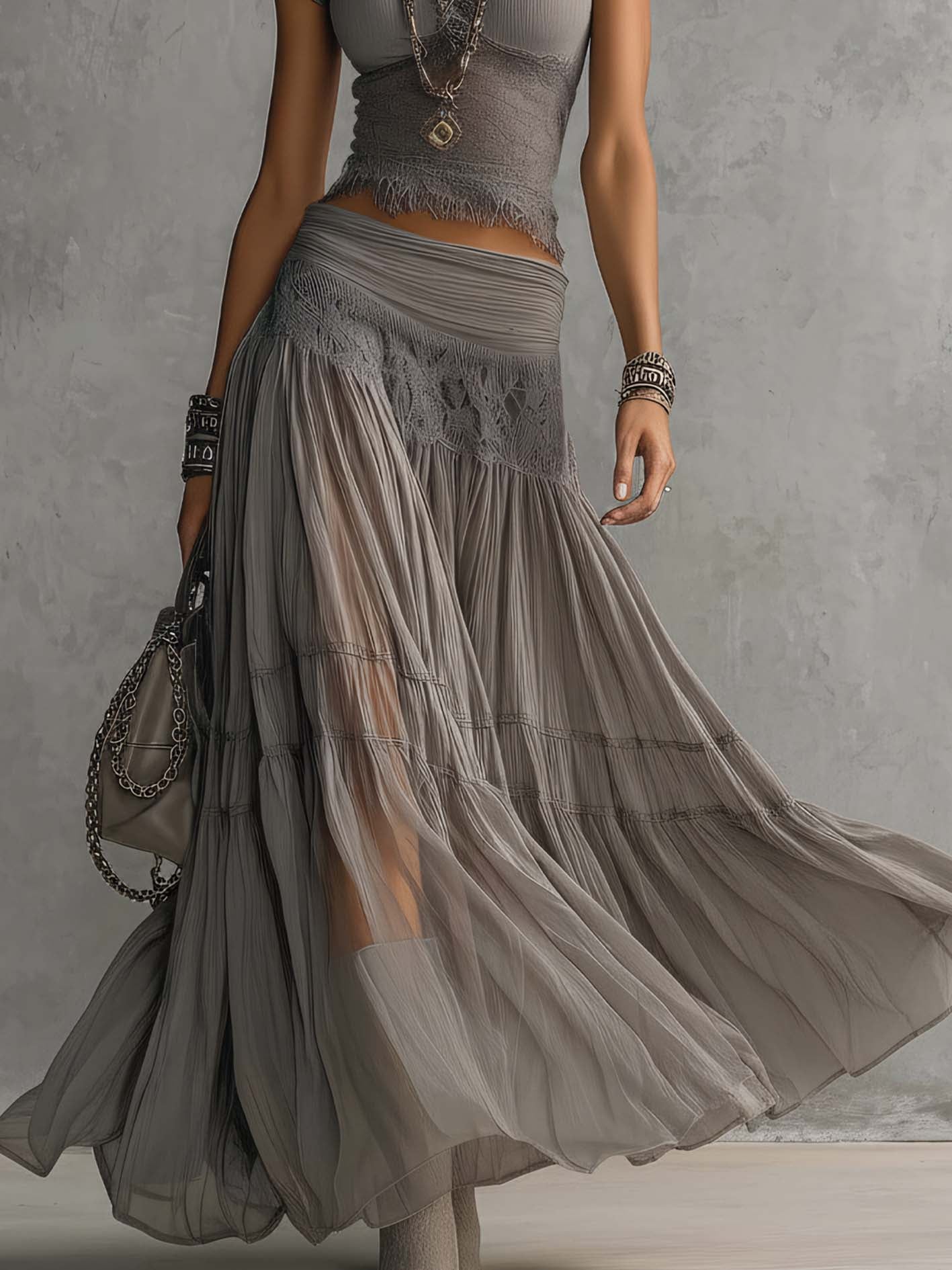 Women's Maxi Skirt Set Grey Lace Panel Top Pleated Design