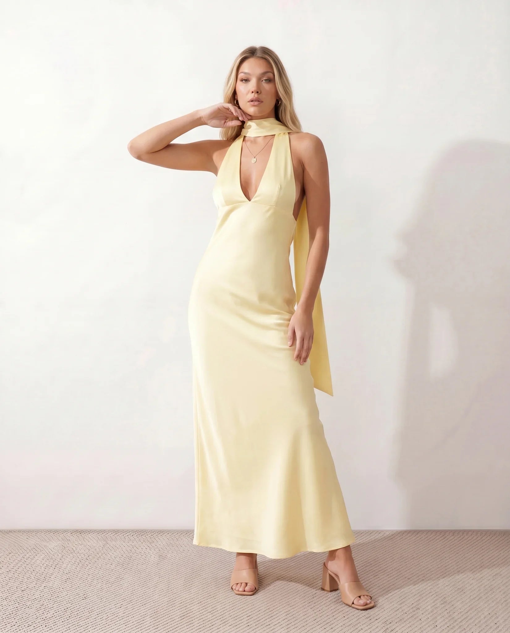 Women's Maxi Dress Cowl Neck Halter Style Long Length Casual
