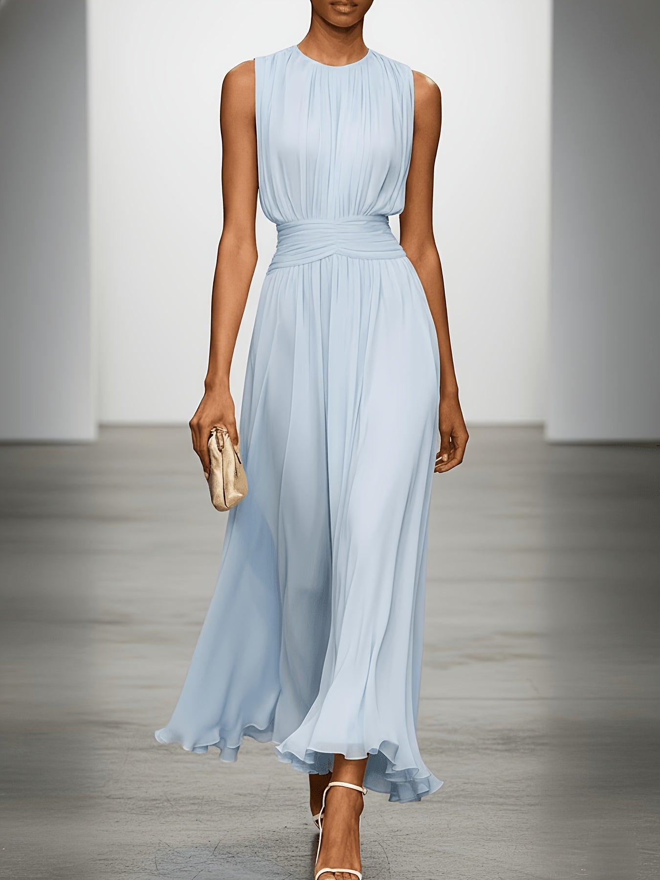 Women's Maxi Dress Pleated Ruched Waist Long Sleeve Wedding Guest