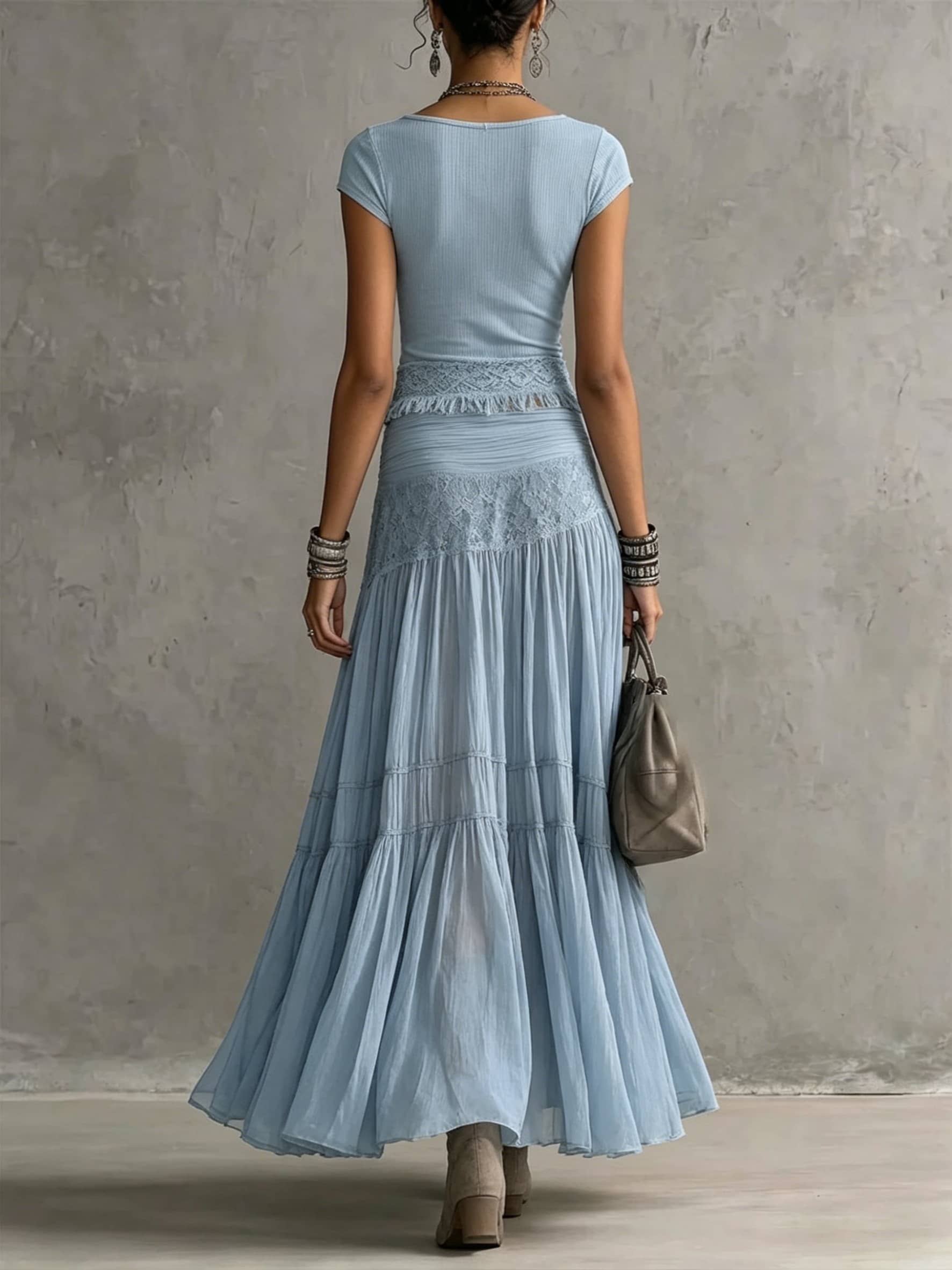 Women's Casual Bohemian Short Sleeve T-Shirt Skirt Two-Piece Set