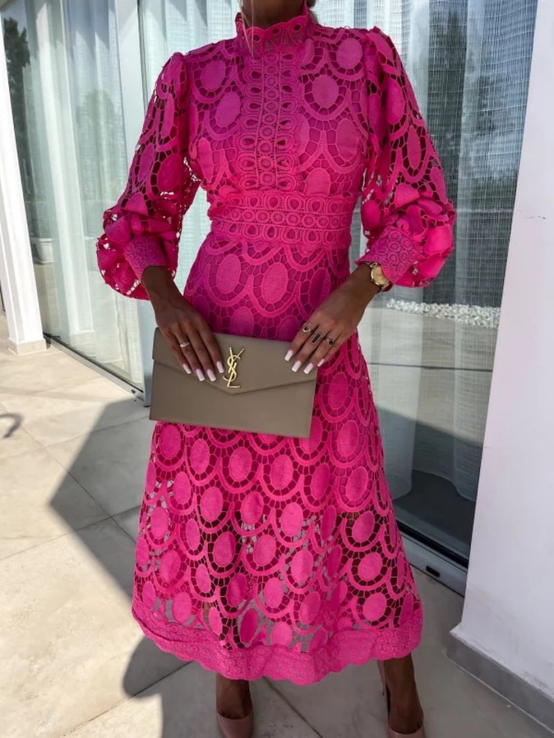 Lace Summer Dress with Puff Sleeves and High Neck for Women
