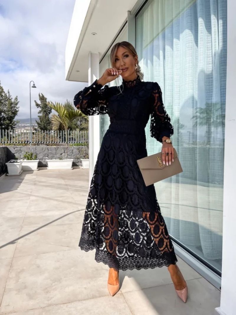 Lace Summer Dress with Puff Sleeves and High Neck for Women