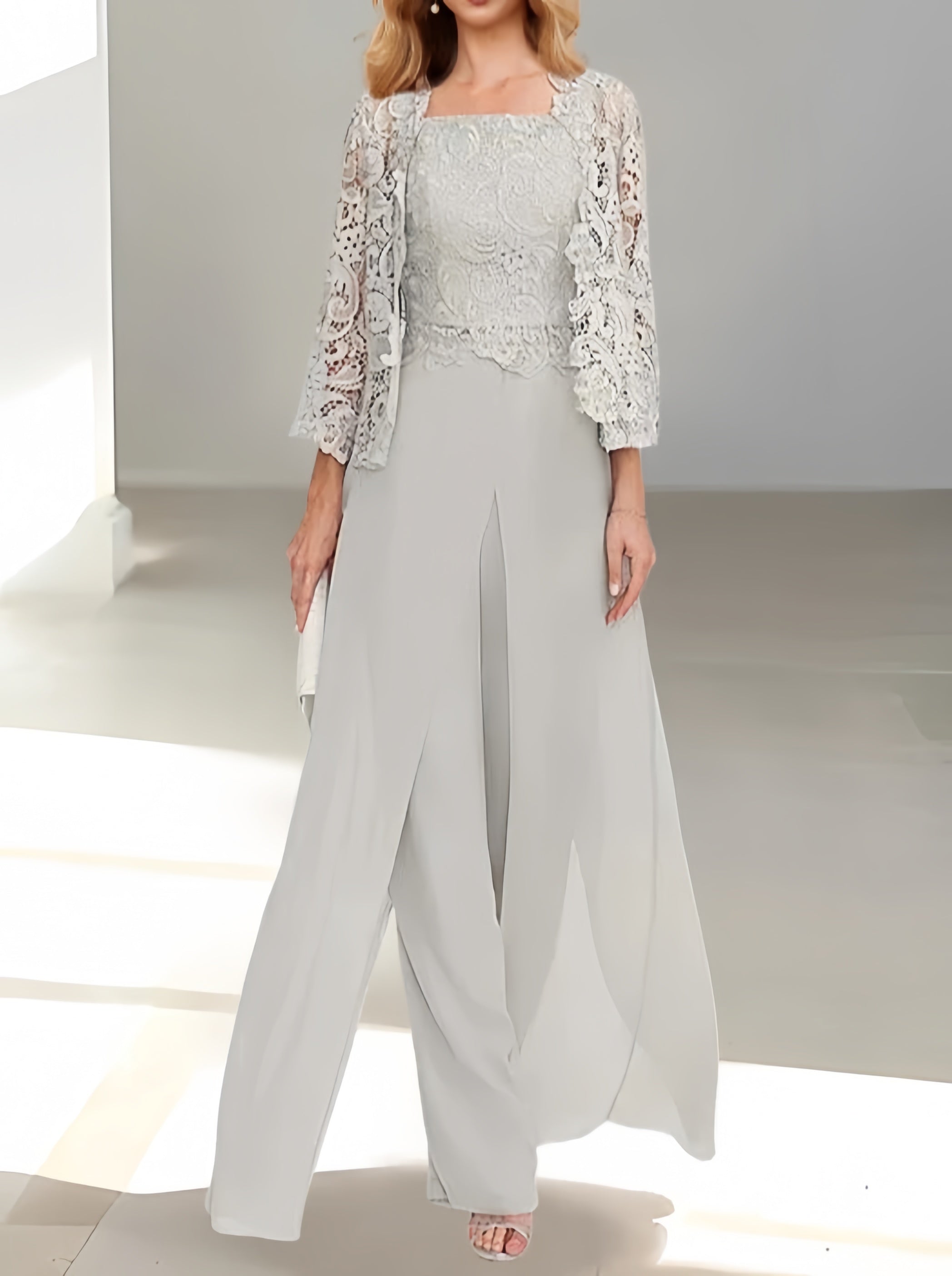 Women's Chiffon Mother of the Bride Pantsuit Square Neck Floor-Length Jacket