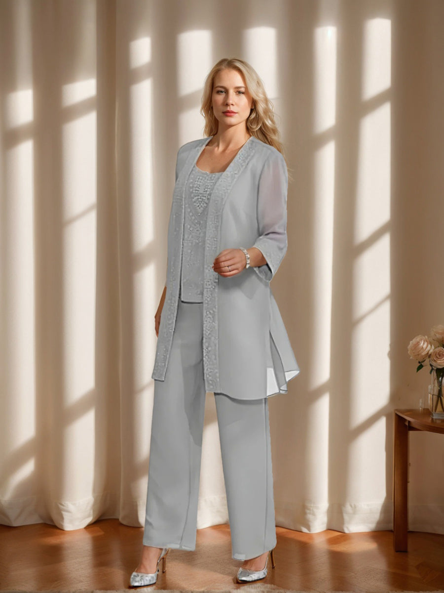Women's Chiffon Pantsuit Scoop Neck Ankle-Length with Jacket | Mother of the Bride