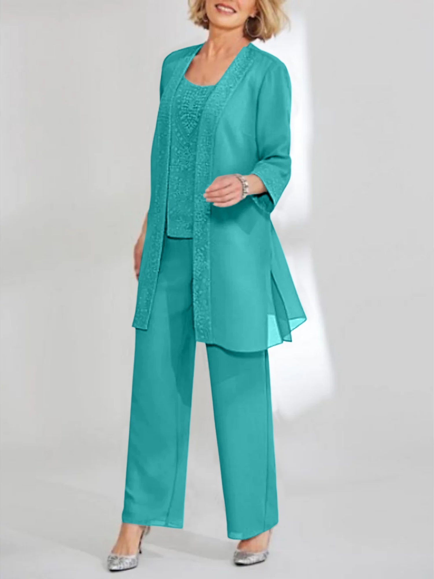 Women's Chiffon Pantsuit Scoop Neck Ankle-Length with Jacket | Mother of the Bride