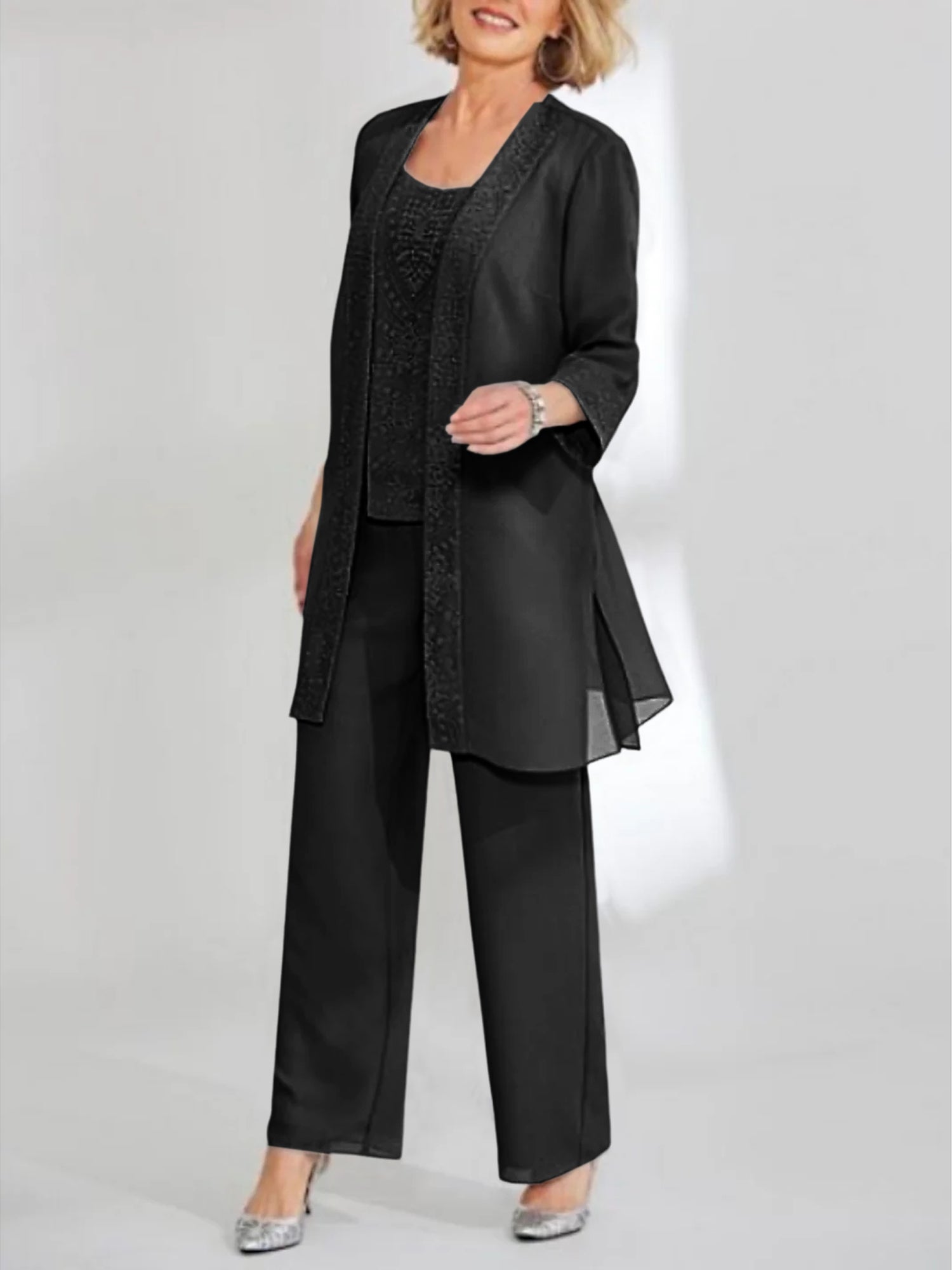 Women's Chiffon Pantsuit Scoop Neck Ankle-Length with Jacket | Mother of the Bride