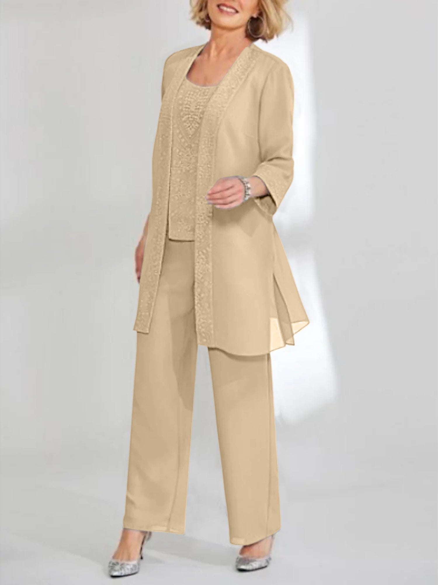 Women's Chiffon Pantsuit Scoop Neck Ankle-Length with Jacket | Mother of the Bride