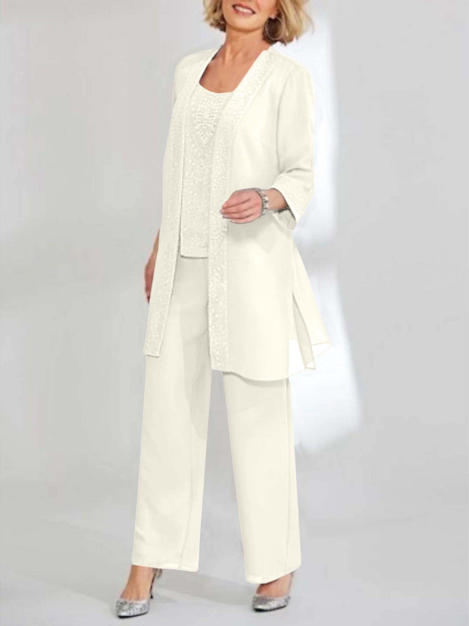 Women's Chiffon Pantsuit Scoop Neck Ankle-Length with Jacket | Mother of the Bride