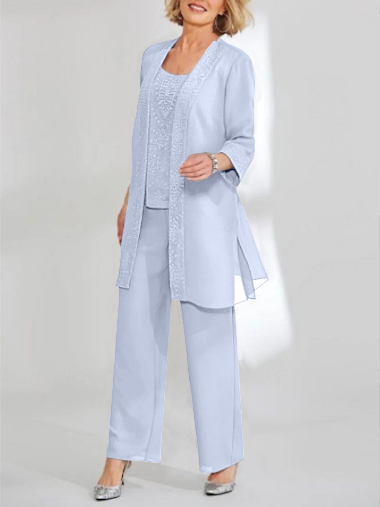 Women's Chiffon Pantsuit Scoop Neck Ankle-Length with Jacket | Mother of the Bride
