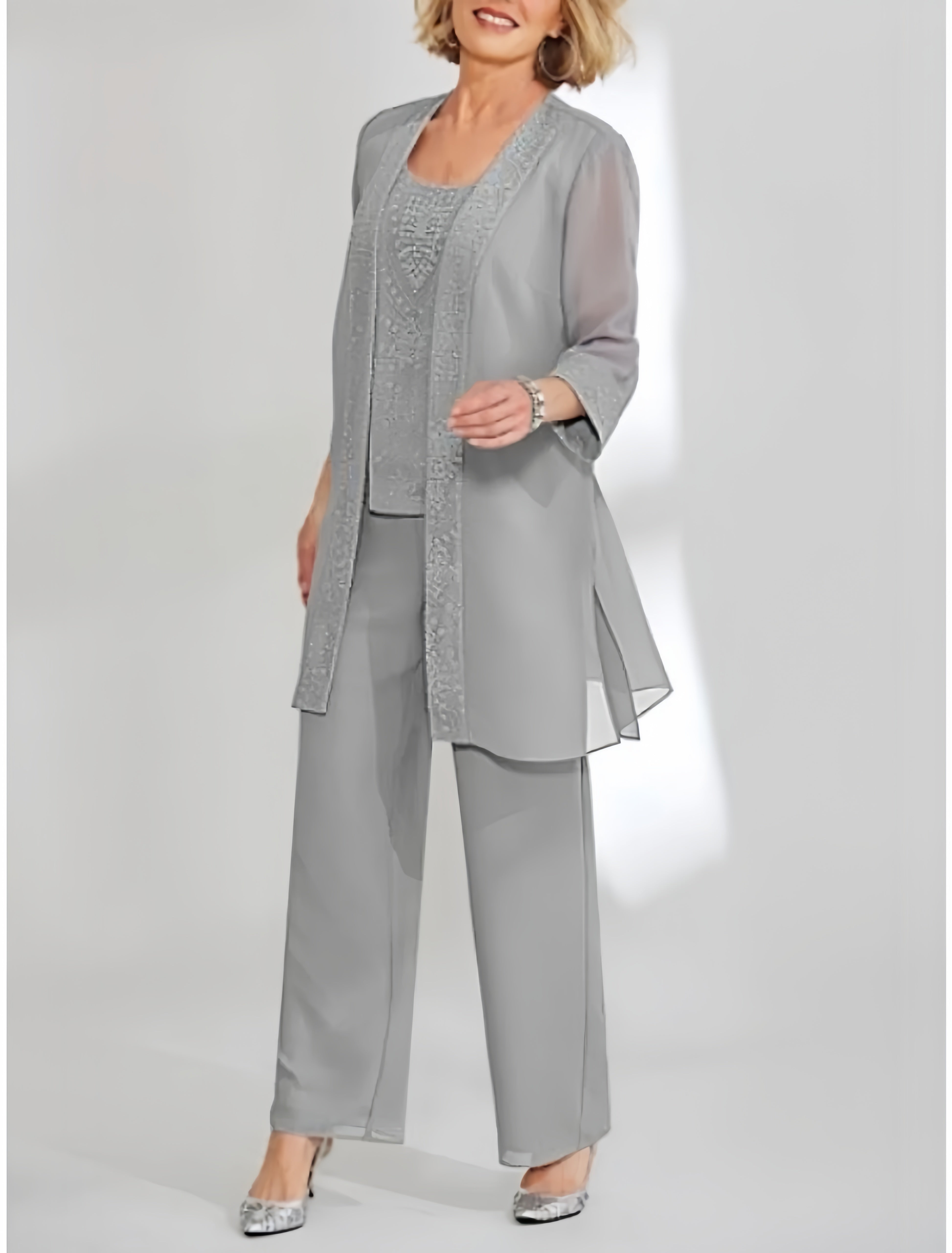 Women's Chiffon Pantsuit Scoop Neck Ankle-Length with Jacket | Mother of the Bride