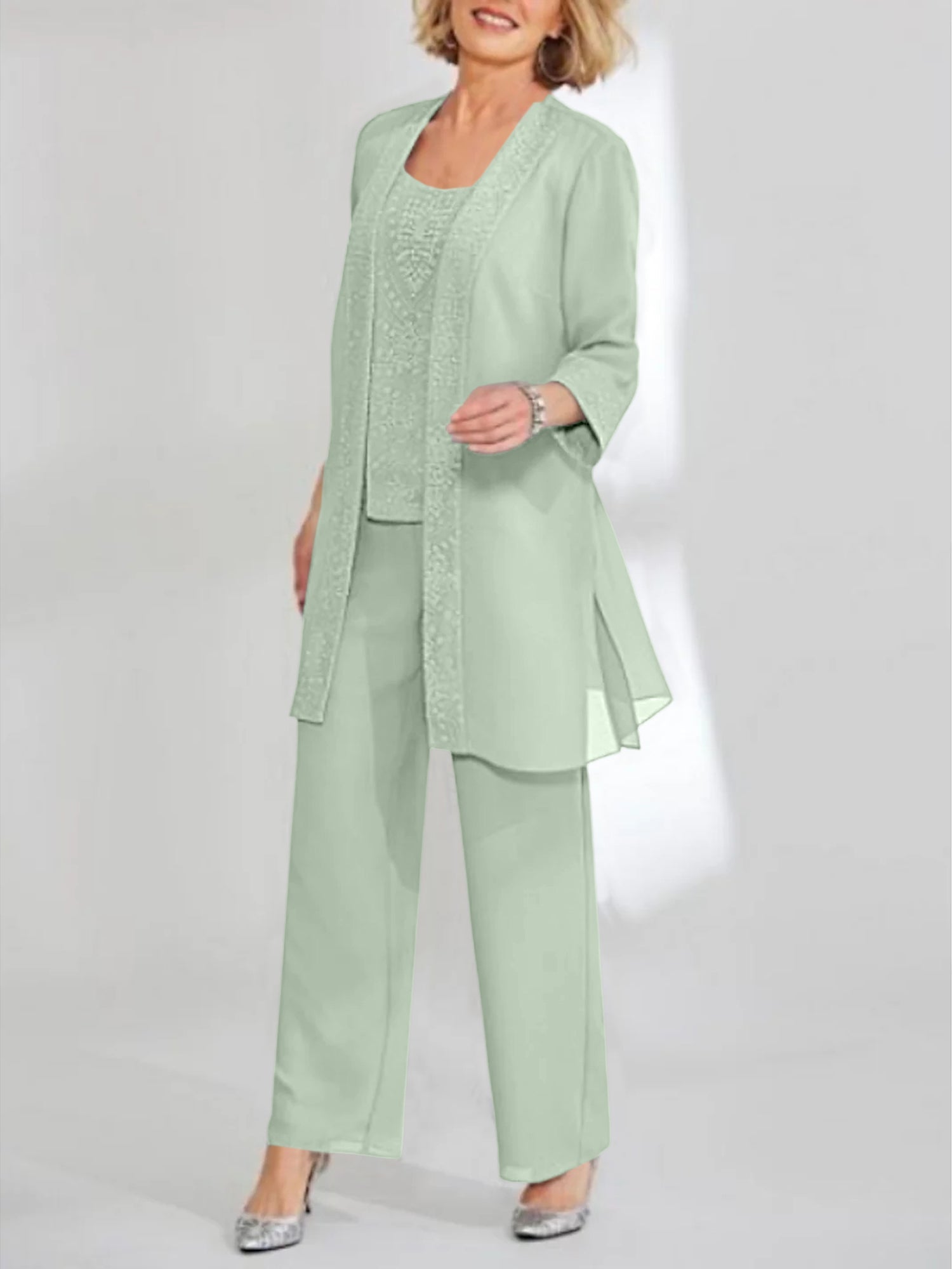 Women's Chiffon Pantsuit Scoop Neck Ankle-Length with Jacket | Mother of the Bride